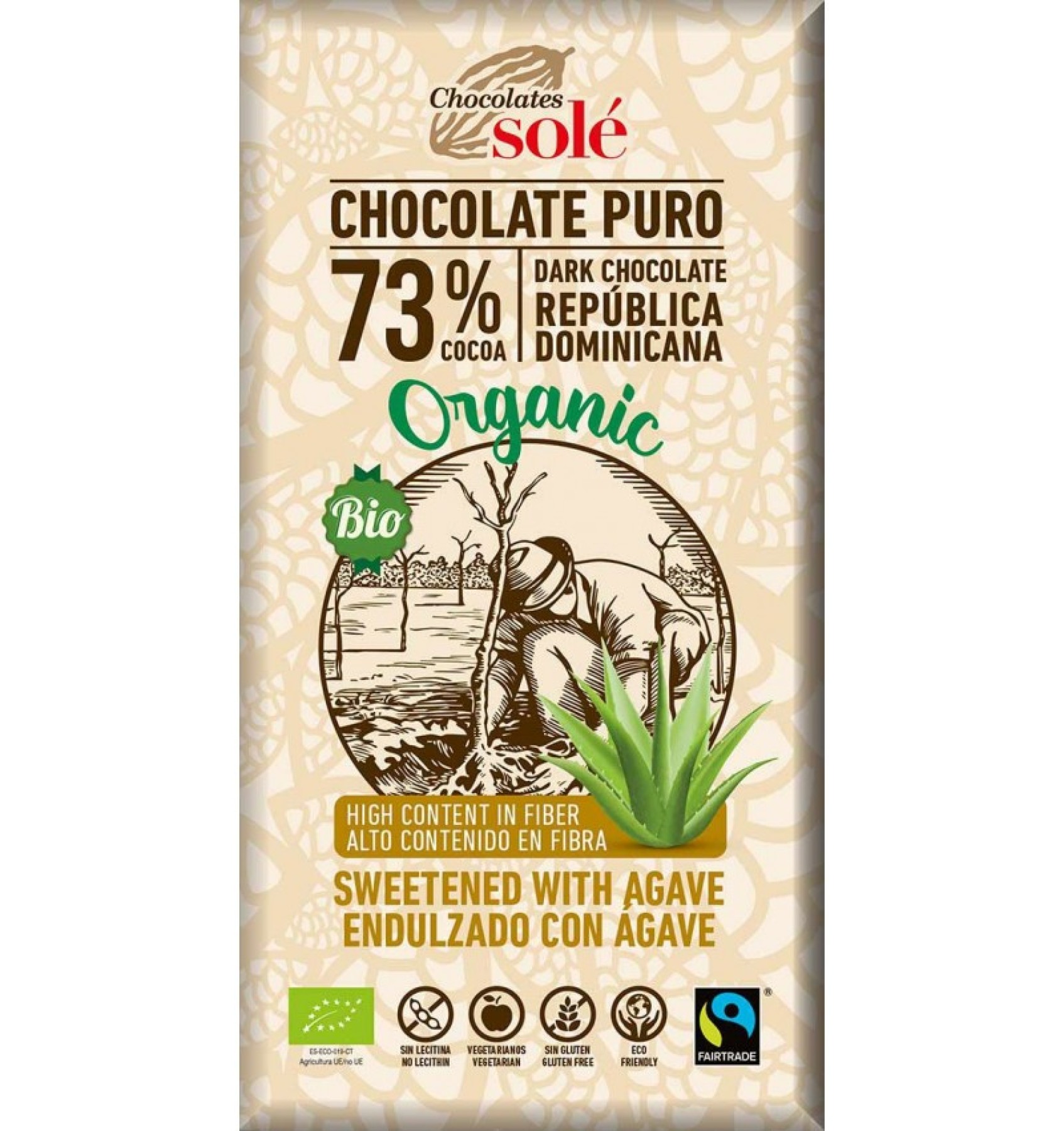Ciocolata neagra BIO cu sirop de Agave, 73% cacao, 100 g Chocolates