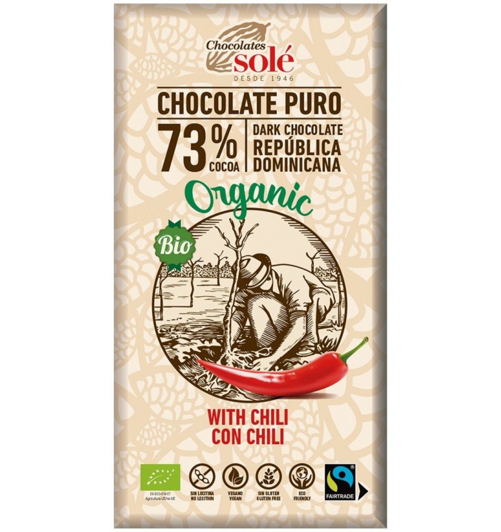 Ciocolata neagra BIO cu chili, 73% cacao, 100 g Chocolates