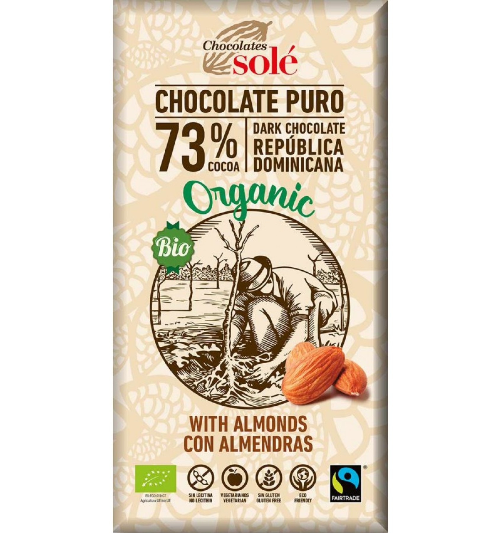 Ciocolata neagra BIO 73% cacao, cu migdale, 150 gr Chocolates