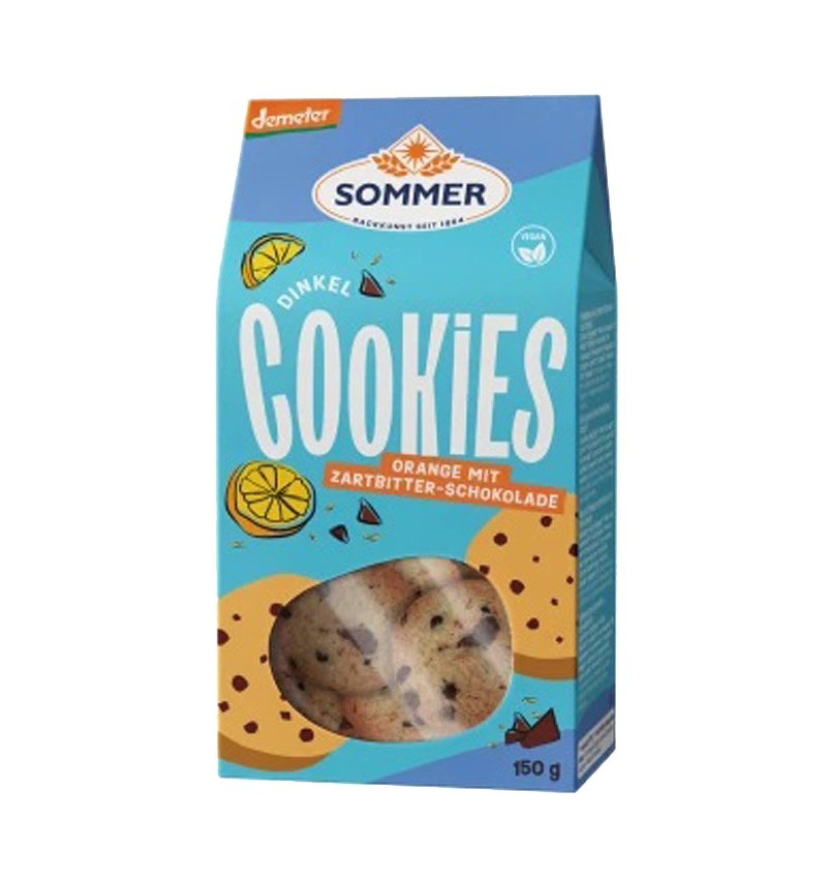 Biscuiti bio din grau spelta cu ciocolata amaruie si ulei de portocale, Demeter, 150 g