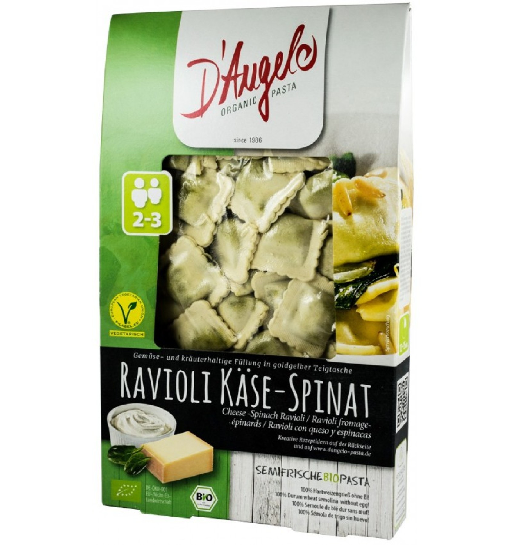 RAVIOLI BIO CU BRANZA SI SPANAC, 250G D\\\'ANGELO PASTA