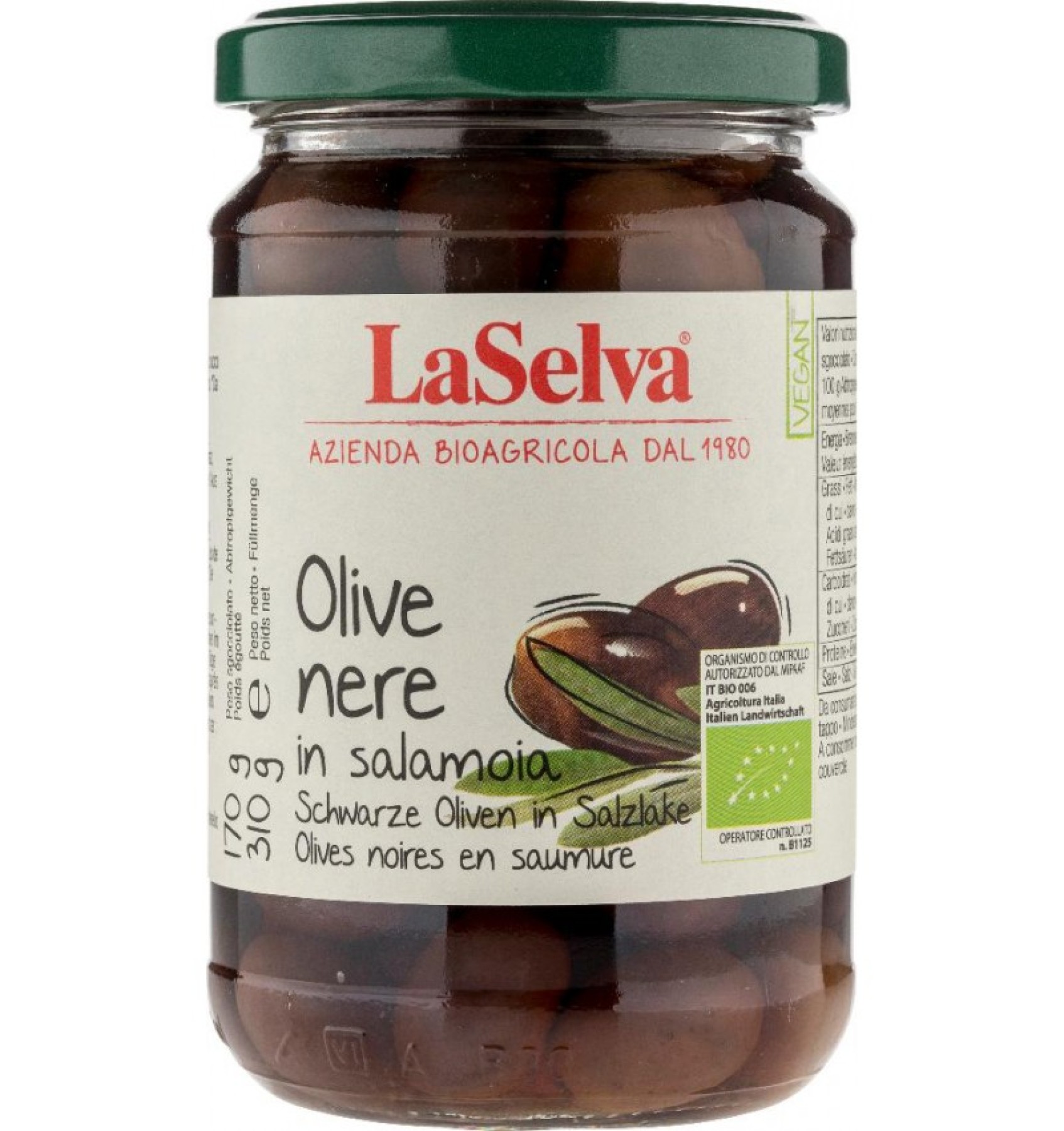 Masline negre bio cu samburi in saramura - 310 g