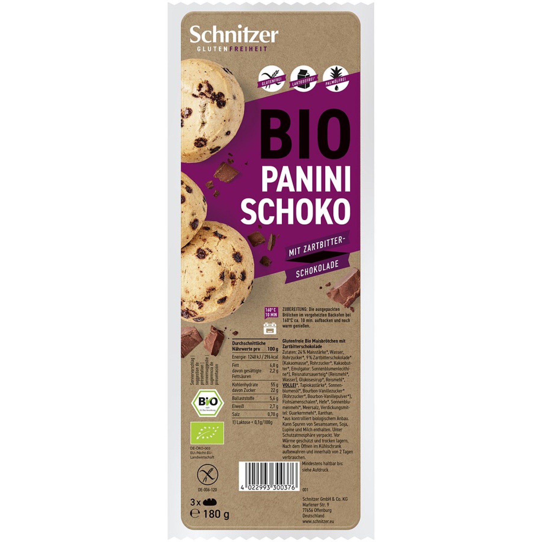 Chifle panini cu ciocolata 3 bucati fara gluten, eco - 180 g