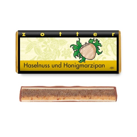 ZOTTER CHOCOLATE, Bio & fair ciocolata neagra cu lapte 50% cacao umpluta cu crema de alune, haselnuss marzipan, 70g, biomag.ro