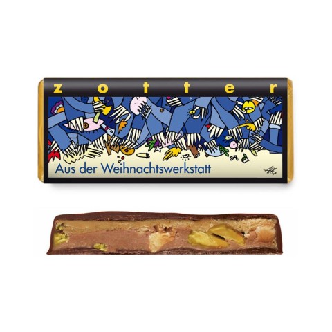 ZOTTER CHOCOLATE, Bio & fair ciocolata neagra cu lapte 60% cacao umpluta cu nuga alba, fistic si alune de padure, 70g, biomag.ro