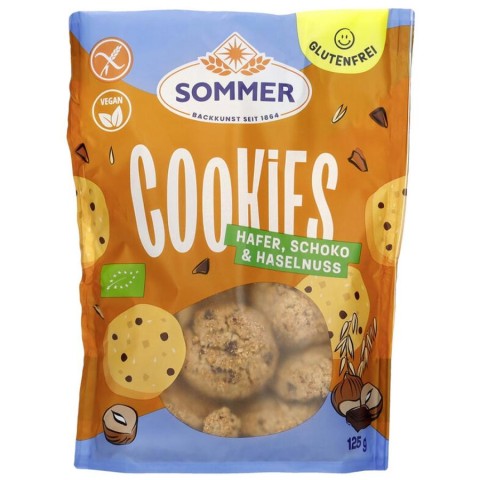 Sommer, Biscuiti vegani bio cu ovaz ciocolata si alune fara gluten - 125 g, biomag.ro