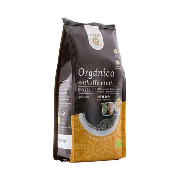 Cafea bio si fairtrade macinata organico, decofeinizata, 250g