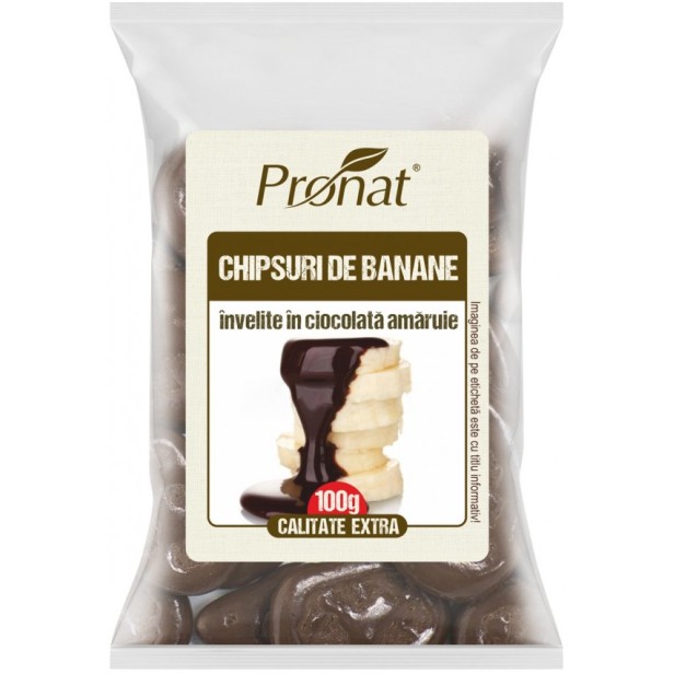 Chipsuri de banane invelite in ciocolata amaruie, 100g