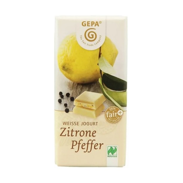 Ciocolata alba bio cu iaurt, lamaie si piper, 40g