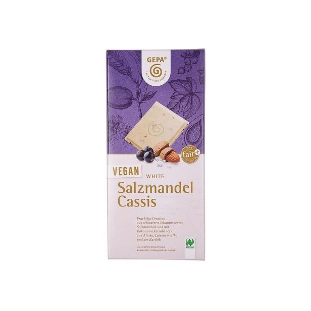 Ciocolata alba bio vegan cu migdale sarate si coacaze, 100g