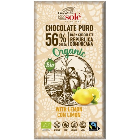 Chocolates Sole, Ciocolata bio cu lamaie 56% cacao, 100g chocolates, biomag.ro