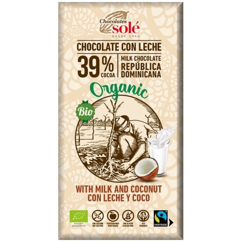 Chocolates Sole, Ciocolata cu lapte si cocos bio si fairtrade, 100g chocolates, biomag.ro