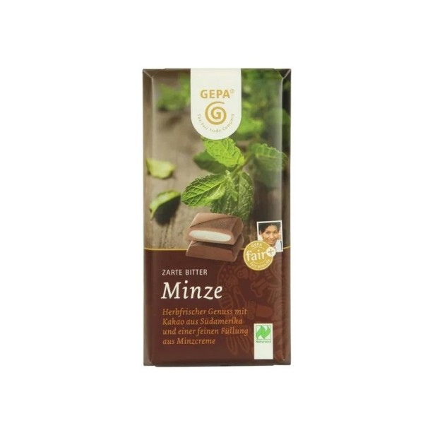 Ciocolata neagra amaruie, delicata, cu crema proaspata de menta, bio si fairtrade, 100g