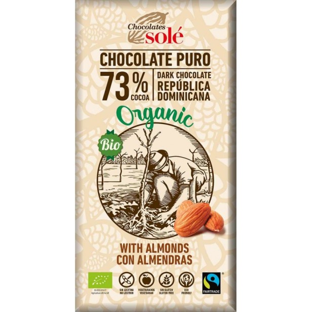 Ciocolata neagra bio 73% cacao, cu migdale, 150g chocolates