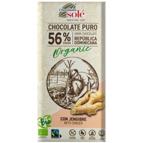Chocolates Sole, Ciocolata neagra bio cu ghimbir, 56% cacao, 100g chocolates, biomag.ro