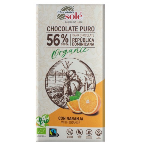 Chocolates Sole, Ciocolata neagra bio cu portocale, 56% cacao, 100g chocolates, biomag.ro