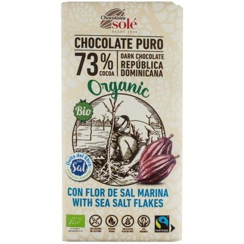Chocolates Sole, Ciocolata neagra bio si fairtrade 73% cacao cu fleur de sel, 100g chocolates, biomag.ro