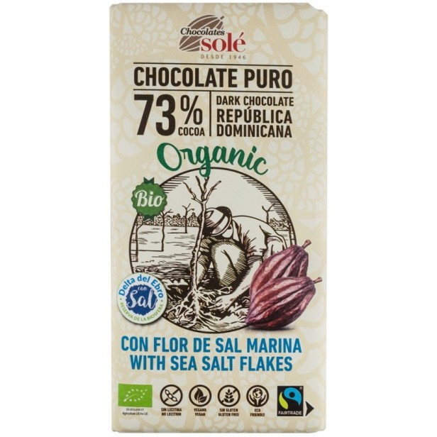Ciocolata neagra bio si fairtrade 73% cacao cu fleur de sel, 100g chocolates