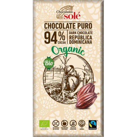 Chocolates Sole, Ciocolata neagra bio si fairtrade 94% cacao, 100g chocolates, biomag.ro