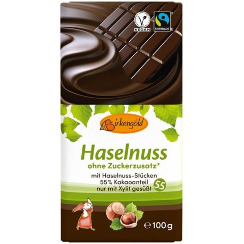 Birkengold, Ciocolata neagra cu alune fara adaos de zahar 55% cacao, 100g, biomag.ro