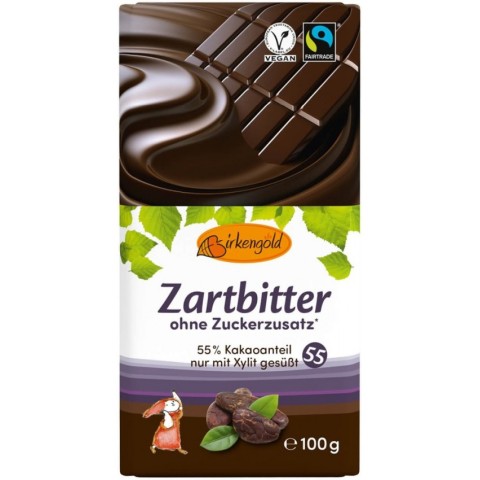 Birkengold, Ciocolata neagra indulcita doar cu xylitol 55% cacao, 100g, biomag.ro
