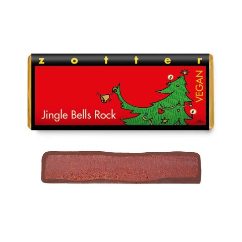 ZOTTER CHOCOLATE, Ciocolata neagra vegana bio umpluta cu ganache de vin rosu jingle bells rock, 70g, biomag.ro