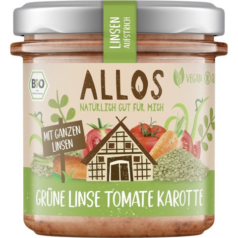 Allos, Crema tartinabila din linte verde tomate si morcovi fara gluten - 140 g, biomag.ro