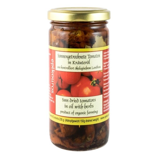 Rosii uscate la soare, in ulei cu ierburi aromatice, bio, 235 g