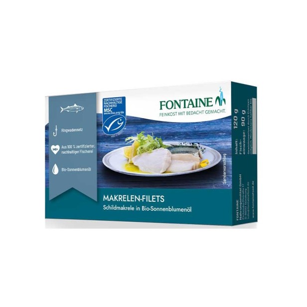 File de macrou in ulei bio de floarea soarelui presat la rece, 125g
