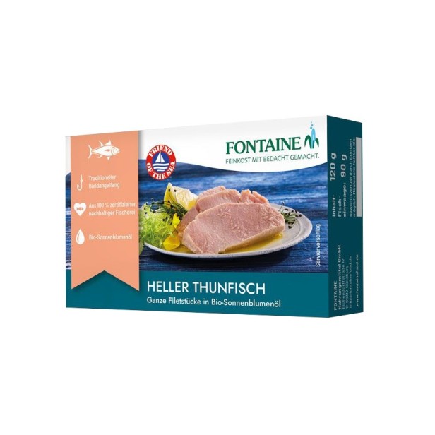 File de ton, bucati intregi in ulei de floarea soarelui bio, 120g