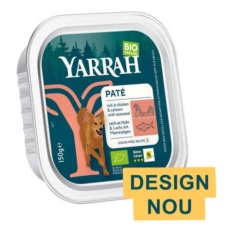 Yarrah, Hrana umeda bio pentru caini, bucati de carne de pui si somon, 150g, biomag.ro
