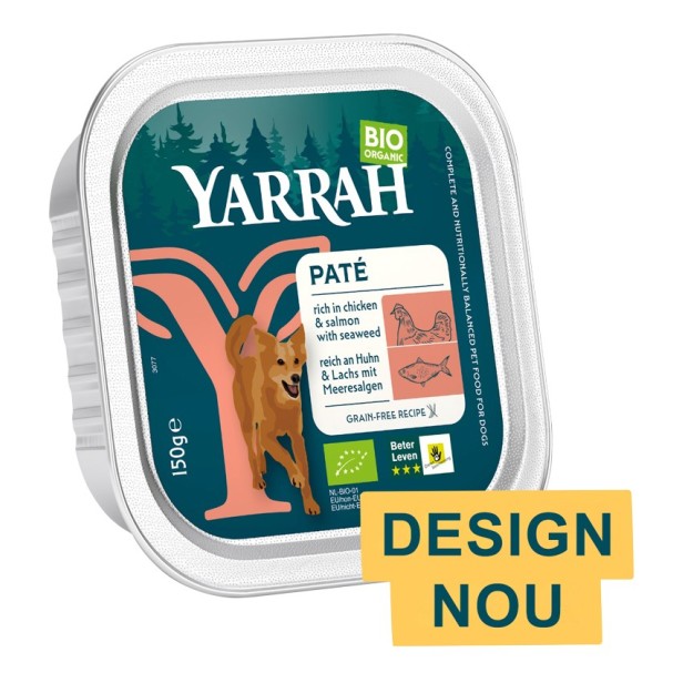 Hrana umeda bio pentru caini, bucati de carne de pui si somon, 150g