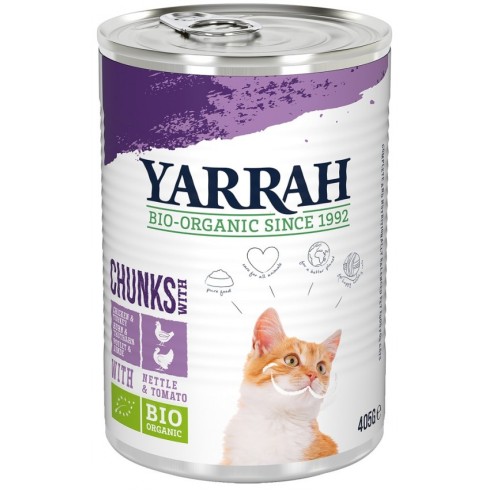 Hrana umeda bio pentru pisici, bucati de pui si curcan cu urzica si tomate, 405g