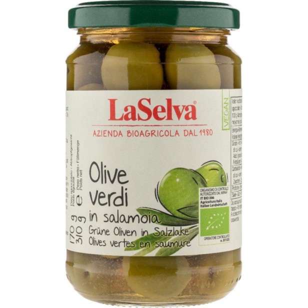 Masline verzi bio în saramura, 310g