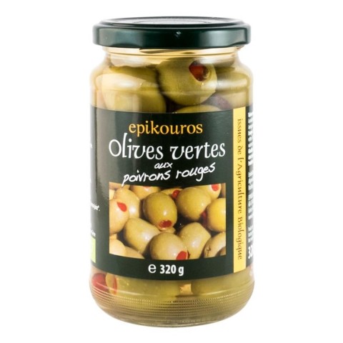 Epikouros, Masline verzi bio umplute cu ardei rosu, in saramura, 320g, biomag.ro