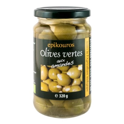 Masline verzi bio umplute cu migdale in saramura, 320g