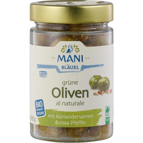 Masline bio, Masline verzi crude cu coriandru si piper rosu - 205 g, biomag.ro