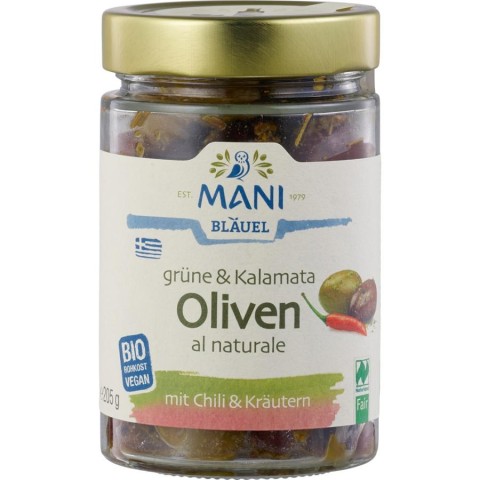 Masline bio, Masline verzi si kalamata crude cu chili si ierburi - 205 g, biomag.ro