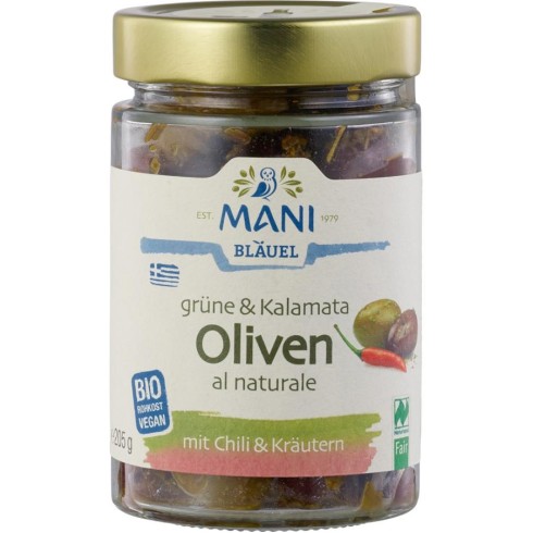 Masline verzi si kalamata crude cu chili si ierburi - 205 g