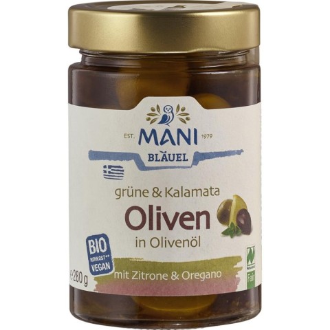 Masline bio, Masline verzi si kalamata in ulei cu lamaie si oregano - 280 g, biomag.ro