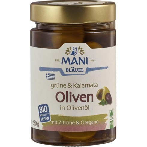 Masline verzi si kalamata in ulei cu lamaie si oregano - 280 g