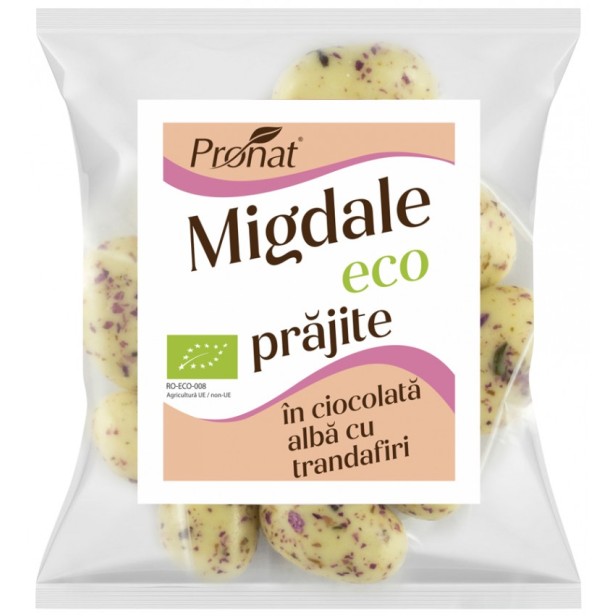 Migdale bio prajite, glazurate in ciocolata alba cu trandafiri, 50g