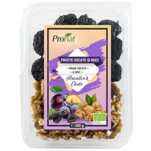 Pronat Tray Pack, Mix bio de prune uscate si nuci hranitor si clasic 200g, biomag.ro