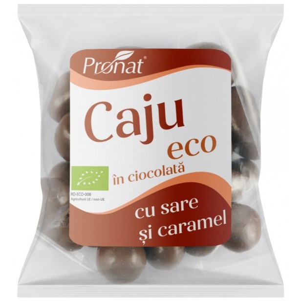 Nuci caju bio glazurate in ciocolata cu lapte cu aroma de caramel sarat 50g