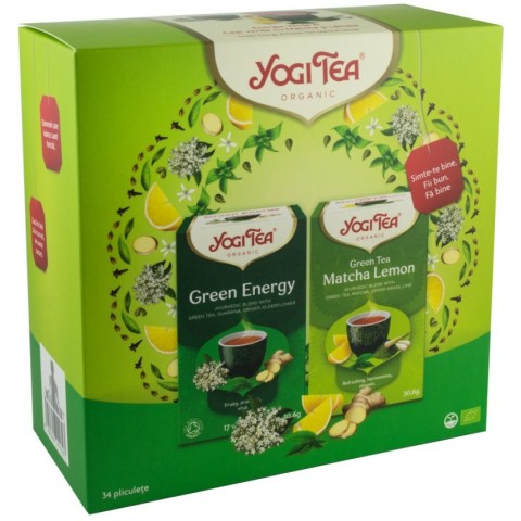Yogi Tea, Oferta 1 x ceai bio energie verde, 17 pliculete x 1.8g (30.6g) + 1x ceai bio matcha lemon, 17 pliculete 30.6g yogi, biomag.ro