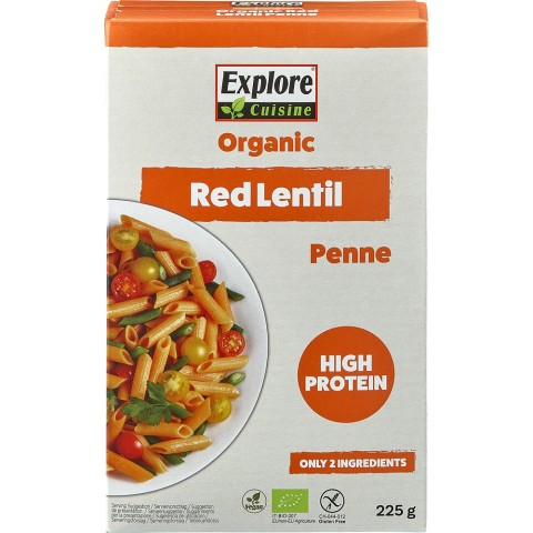 Explore Cuisine, Penne proteice bio din linte rosie fara gluten - 225 g, biomag.ro