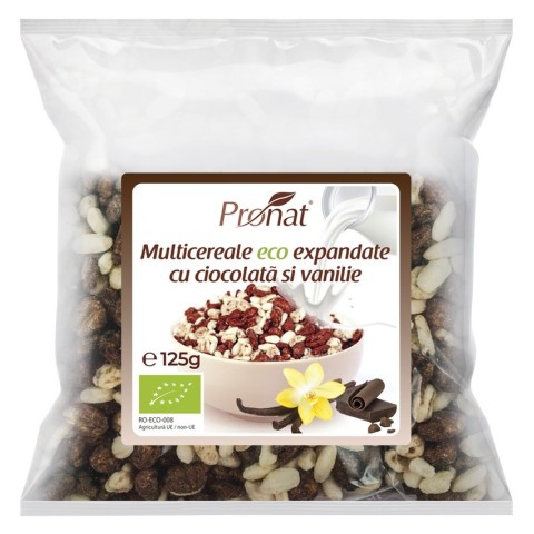 Cereale bio, Pufarine bio din multicereale cu ciocolata si vanilie, 125g, biomag.ro