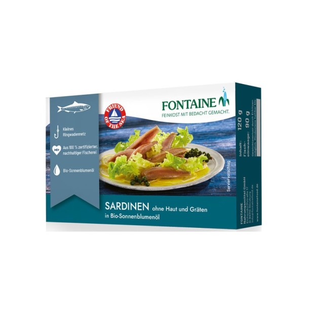 Sardine fara piele si fara oase, in ulei bio de floarea soarelui, 120g