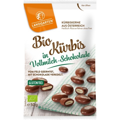 Bomboane bio, Seminte de dovleac in ciocolata cu lapte - 50 g, biomag.ro