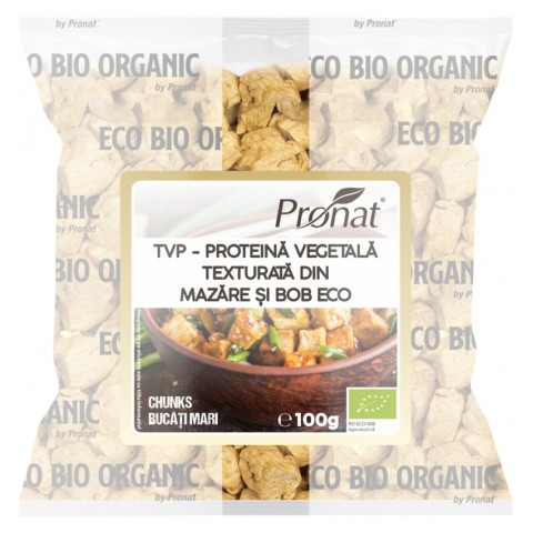Pronat Foil Pack, Tvp - proteina vegetala texturata din mazare si bob bio 100g, chunks (bucati mari),, biomag.ro